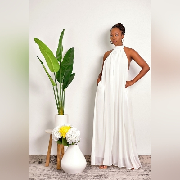 BE MARAKI Pants - Be MARAKI GOTTA HAVE IT BACKLESS HALTER WIDE LEG JUMPSUIT - WHITE